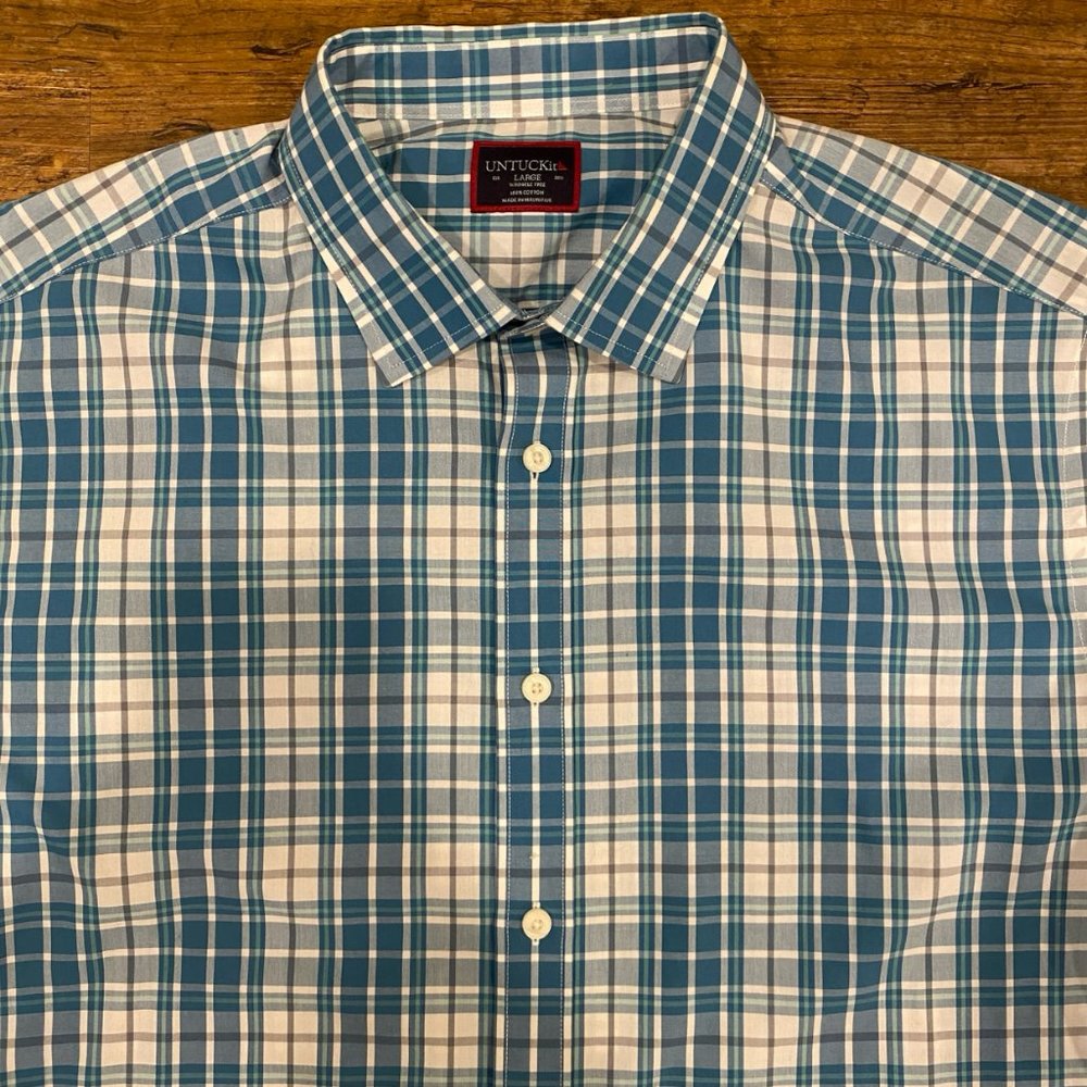 UNTUCKit Maxville Blue Plaid Wrinkle Free Long Sleeve Button Up Shirt Men's L